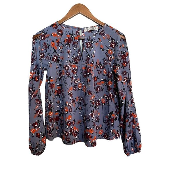 Abercrombie & Fitch Womens Blue Floral Open Sleeve Keyhole Bohemian Blouse XS - Picture 1 of 10
